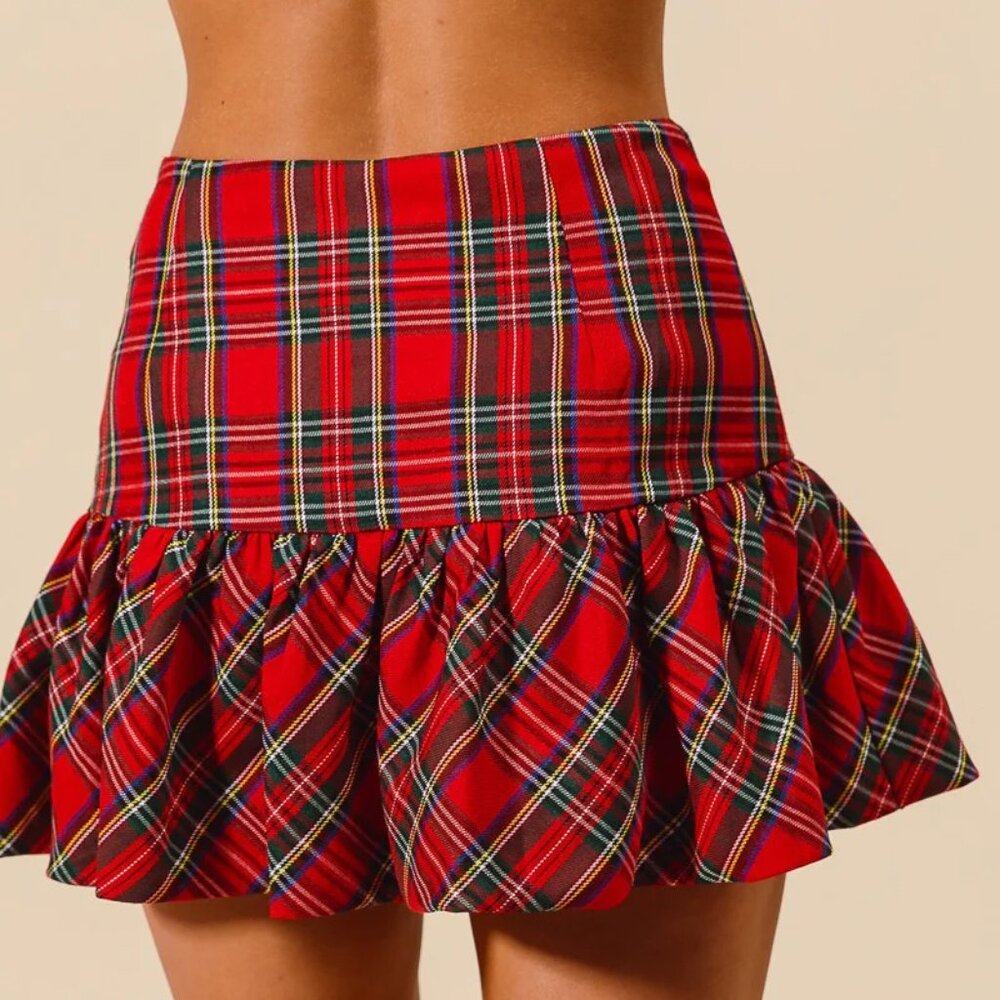 "SO ME" PLAID MINI BALLOON SKIRT WITH SIDE INVISIBLE ZIPPER AND SHORTS LINING - Picture 2 of 8
